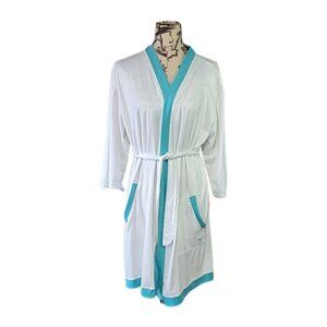 Hello Mello Size Large Womens Lounge White Jersey Knit Robe Blue Trim Pockets